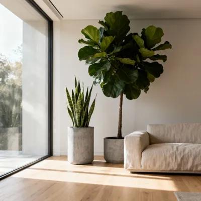 A sunlit living room filled with diverse houseplants.